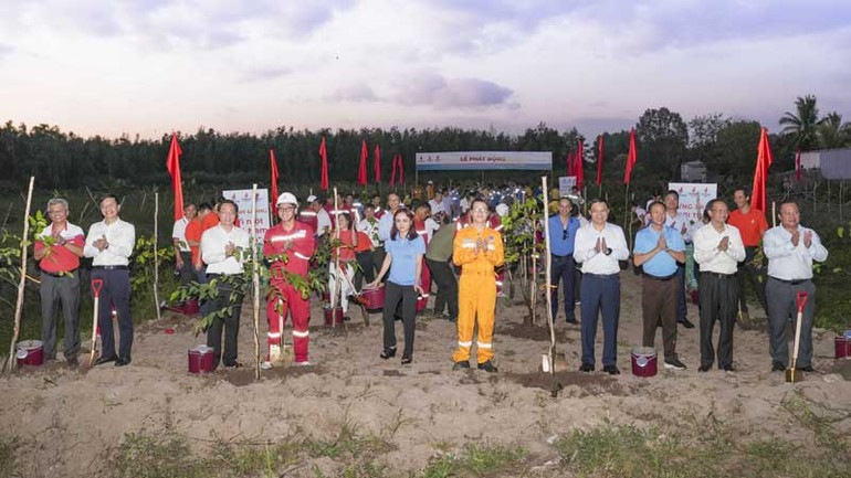 Lãnh đạo, cán bộ nhân viên PVN trồng cây xanh, góp phần phục hồi rừng trên đất ngập nước.