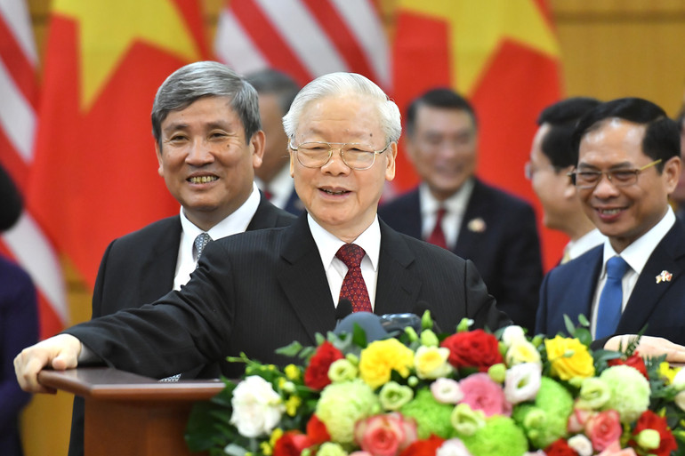 Tổng Bí thư Nguyễn Phú Trọng phát biểu tại cuộc họp báo chung với Tổng thống Hoa Kỳ Joe Biden. (Ảnh: ĐĂNG KHOA)