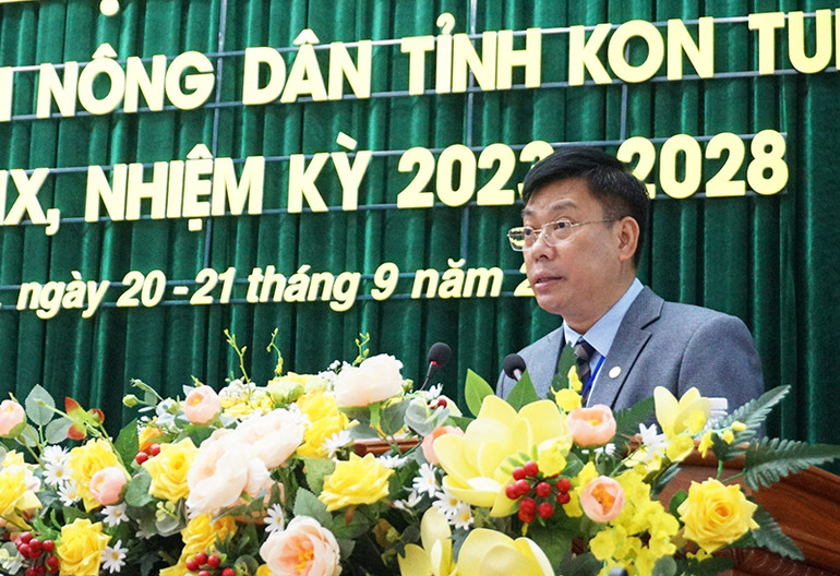 Đồng chí Nguyễn Quang Thủy, Chủ tịch Hội Nông dân khóa IX, nhiệm kỳ 2023-2028, phát biểu tại Đại hội