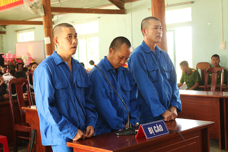 Các bị cáo (từ trái qua phải) Đỗ Văn Long, Lê Văn Thọ, Lê Tiến Thụ lắng nghe Tòa tuyên án.