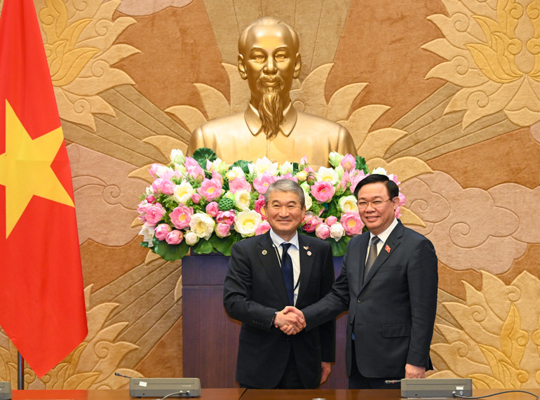 Chủ tịch Quốc hội Vương Đình Huệ và ông Ichikawa Hide, Cố vấn cấp cao Tập đoàn Resonac Holdings, đồng trưởng đoàn. (Ảnh: Duy Linh)