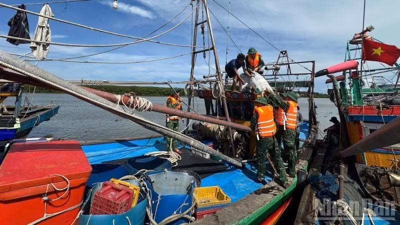 Cán bộ, chiến sĩ Đồn Biên phòng Diễn Thành hướng dẫn, giúp đỡ ngư dân neo đậu tàu thuyền phòng, chống bão số 5. (Ảnh: nhandan.vn)
