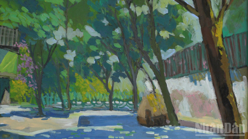 Tác phẩm "Góc phố Yên Hoa" của họa sĩ Bùi Lê Dũng, 57x88cm, acrylic.