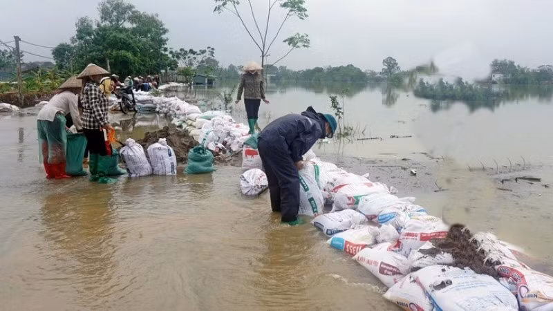 Lực lượng chức năng xã Xuân Mai tham gia chống ngập úng. 