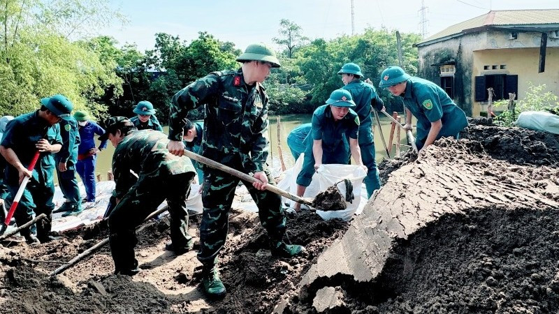 Lực lượng chức năng huyện Thanh Trì cũ khắc phục hậu quả siêu Bão số 3 năm 2024.