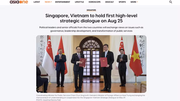 Trang AsiaOne đưa tin về chuyến thăm Singapore của Ủy viên Bộ Chính trị, Thường trực Ban Bí thư Trần Cẩm Tú. (Ảnh chụp màn hình)