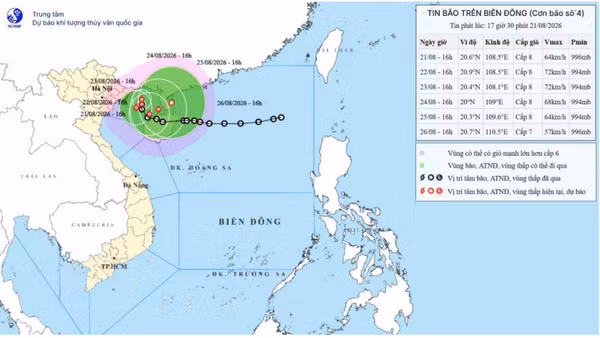 Bản đồ dự báo quỹ đạo và cường độ bão lúc 17 giờ 30 phút ngày 21/8/2026. (Nguồn: Trung tâm Dự báo khí tượng thủy văn quốc gia)