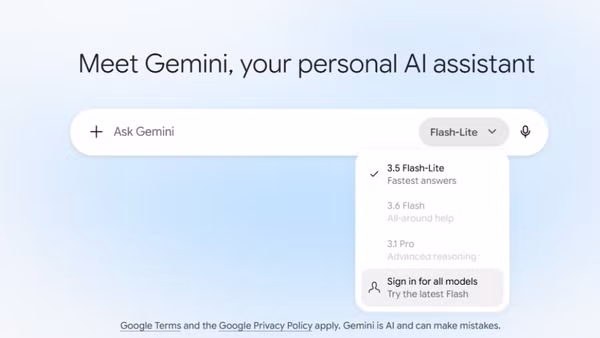 Người dùng miễn phí và thuê bao AI Plus sẽ không còn được tiếp cận một số mô hình Gemini như trước đây. (Ảnh chụp màn hình)
