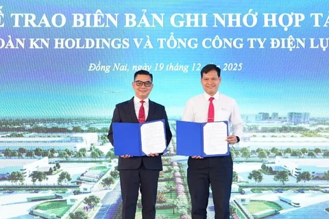 Ông Bùi Quốc Hoan, Phó Tổng Giám đốc Tổng công ty Điện lực miền nam và ông Trần Quốc Thanh, Phó Tổng Giám đốc Tập đoàn KN Holdings trao biên bản ghi nhớ hợp tác.