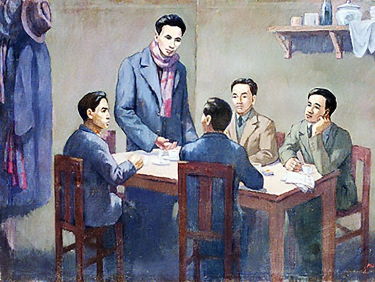 Hội nghị thành lập Đảng Cộng sản Việt Nam ngày 3/2/1930. (Ảnh chụp lại tranh của họa sĩ Phi Hoanh tại Bảo tàng Lịch sử quốc gia) hoinghithanhlapdang-900x675.jpg
