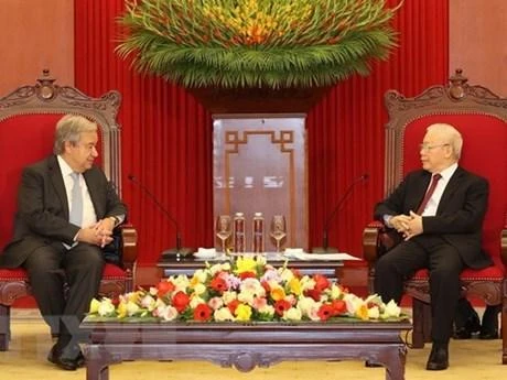 Tổng Bí thư Nguyễn Phú Trọng tiếp Tổng Thư ký Liên hợp quốc Antonio Guterres. (Ảnh: Trí Dũng/TTXVN)
