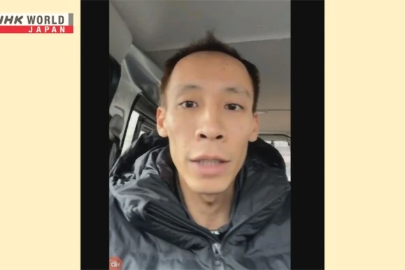 Ngày 10/1, NHK đã có cuộc trao đổi trực tuyến với anh Nguyễn Chí Thành Được đang sống ở thành phố Sabae, tỉnh Fukui. (Ảnh: NHK)