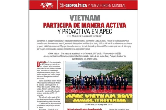 Bài viết có tựa đề “Việt Nam luôn chủ động, tích cực tham gia, đóng góp trong APEC” trên tờ Voces Del Periodista. (Ảnh: TTXVN phát)