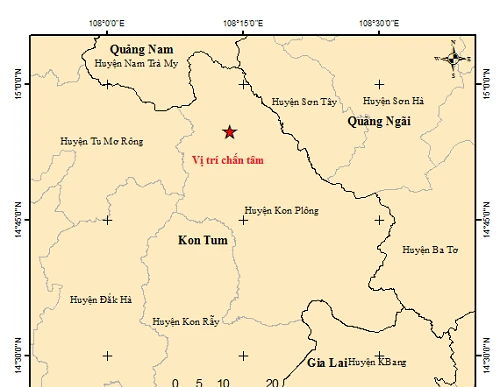 Vị trí tâm chấn trận động đất thứ 6 xảy ra trong ngày tại huyện Kon Plông, tỉnh Kon Tum. (Ảnh: Viện Vật lý Địa cầu)