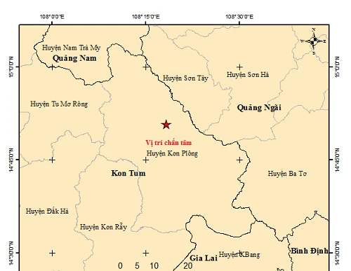 Vị trí tâm chấn vụ động đất xảy ra sáng 9/8 tại Kon Tum. (Ảnh: Trung tâm Báo tin động đất và Cảnh báo sóng thần, Viện Vật lý Địa cầu).