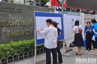 Sáng 6/6, nhiều thí sinh có mặt sớm tại các điểm thi. Trong ảnh: Thí sinh xem số báo danh, sơ đồ phòng thi tại điểm thi Trường THCS Phan Chu Trinh, Ba Đình, Hà Nội (Ảnh: TRUNG HIẾU)