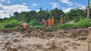 Công nhân Công ty Điện lực Sơn La khắc phục sự cố, sớm cấp điện trở lại cho người dân vùng lũ xã Mường Lầm.
