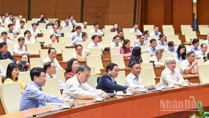 Đại biểu Quốc hội bấm nút thông qua sửa đổi, bổ sung một số điều của Hiến pháp. (Ảnh: DUY LINH)