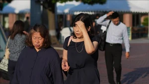 Người dân di chuyển trên đường phố dưới trời nắng nóng tại Tokyo, Nhật Bản. (Ảnh: THX/TTXVN)