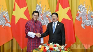 Chủ tịch nước Lương Cường và Quốc vương Bhutan Jigme Khesar Namgyel Wangchuck tại buổi hội đàm.