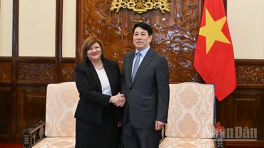 Chủ tịch nước Lương Cường và Đại sứ Cộng hòa A-rập Ai Cập tại Việt Nam Amal Abdel Kader Elmorsi Salama tại buổi tiếp.