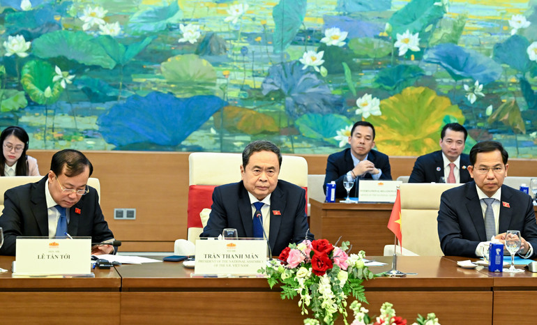 Chủ tịch Quốc hội Trần Thanh Mẫn phát biểu tại cuộc tiếp. (Ảnh: DUY LINH) bnd-2438.jpg