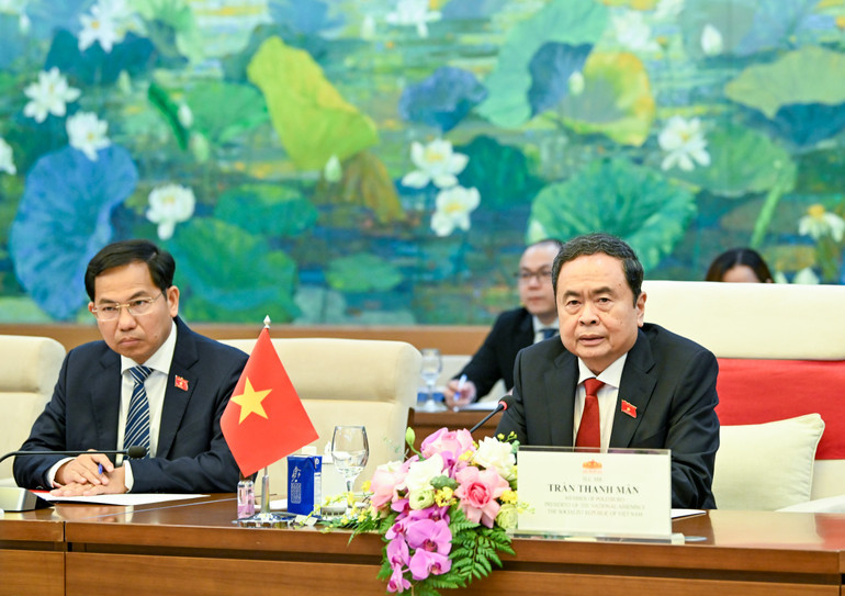 Chủ tịch Quốc hội Trần Thanh Mẫn phát biểu tại cuộc tiếp. (Ảnh: DUY LINH) bnd-2692.jpg