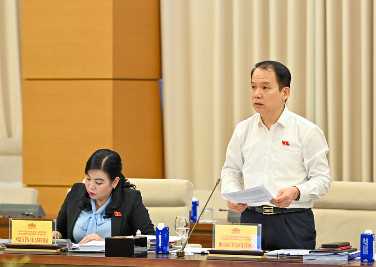 Chủ nhiệm Ủy ban Pháp luật và Tư pháp Hoàng Thanh Tùng trình bày báo cáo tại phiên họp. (Ảnh: Duy Linh) 3-5462.jpg