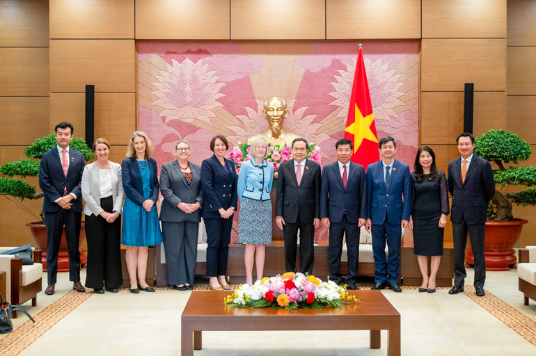 Chủ tịch Quốc hội Trần Thanh Mẫn và Đại sứ Australia Gillian Bird cùng các đại biểu tại buổi tiếp. (Ảnh Duy Linh) 8-0056.jpg