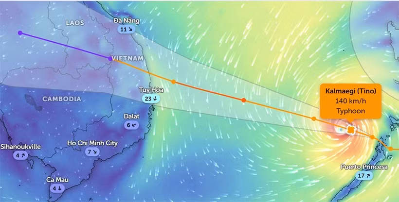 Vị trí bão số 13 lúc 11 giờ 20 phút ngày 5/11. (Ảnh Zoom Earth)