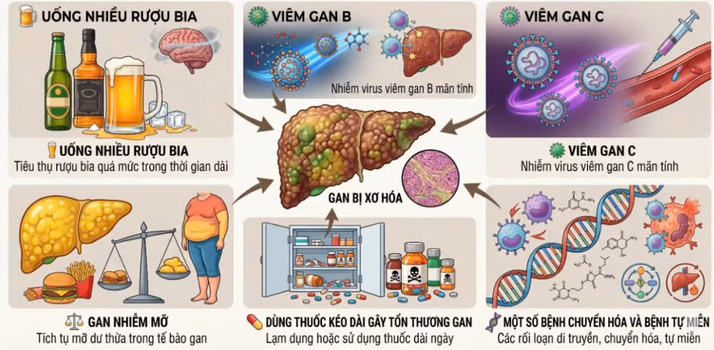 Các nguyên nhân gây bệnh xơ gan. (Ảnh: BVCC)