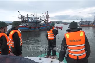 Bộ đội Biên phòng các đồn, trạm tại tỉnh Quảng Trị sắp xếp, kêu gọi tàu thuyền vào bờ tránh, trú bão. (Ảnh: TTXVN)