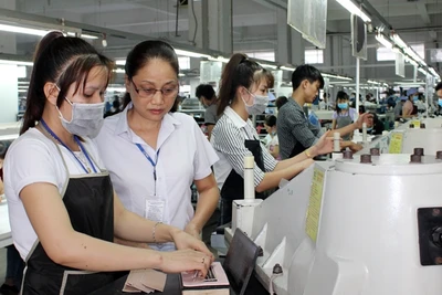 Đảng viên Nguyễn Thị Hương (thứ hai từ trái sang) hướng dẫn công nhân trong dây chuyền sản xuất.