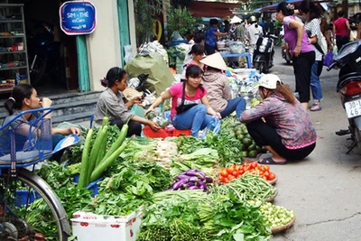 Mua, bán rau tại một chợ "cóc" ở Hà Nội.
