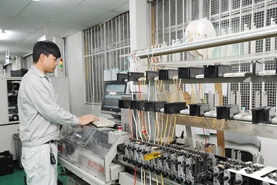 Công nhân Công ty cổ phần bóng đèn phích nước Rạng Đông sản xuất linh kiện bóng đèn LED.