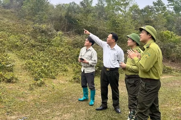 Hạt Kiểm lâm số 3 cùng người dân tuần tra, kiểm tra hiện trạng rừng. (Ảnh: TUẤN SƠN)
