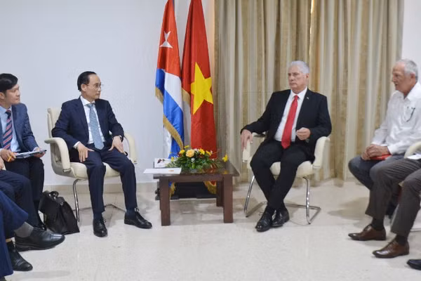 Đồng chí Lê Hoài Trung hội kiến Bí thư thứ nhất, Chủ tịch nước Miguel Diaz-Canel. (Ảnh: TTXVN)
