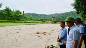 Ông Nguyễn Thái Bình (phía trước, bên phải ảnh) kiểm tra tình hình mưa lũ tại địa bàn. (Ảnh Lan Lê)