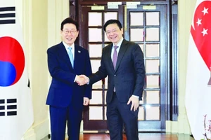 Tổng thống Hàn Quốc Lee Jae Myung (bên trái) gặp gỡ Thủ tướng Singapore Lawrence Wong. Ảnh: REUTERS