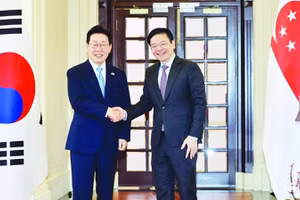 Tổng thống Hàn Quốc Lee Jae Myung (bên trái) gặp gỡ Thủ tướng Singapore Lawrence Wong. Ảnh: REUTERS