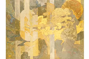 "Miền giao hòa" (80x100cm, sơn mài, năm 2026) của họa sĩ Nguyễn Nghĩa Dậu, giảng viên Khoa Đồ họa.