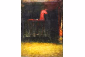 “Tả phù” (tượng ngựa bên tả trong đình làng), tranh của Nguyễn Tuấn Cường bằng sơn mài trên vóc gỗ (110 x 80cm, 2026).