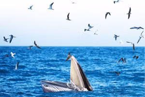 Cá voi Bryde sử dụng nhiều phương pháp kiếm ăn khác nhau như lướt trên mặt nước, lao xuống nước và tạo ra lưới bong bóng.