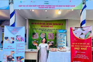 Chị Mai Anh bên gian hàng của Hợp tác xã Nhật Khuê tại một hội chợ triển lãm. Ảnh: NVCC