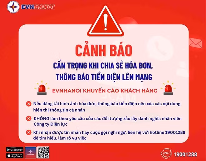EVNHANOI cảnh báo cẩn trọng khi chia sẻ hóa đơn, thông báo tiền điện lên mạng xã hội. (Ảnh: Minh Thu)