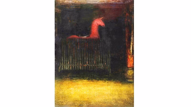 “Tả phù” (tượng ngựa bên tả trong đình làng), tranh của Nguyễn Tuấn Cường bằng sơn mài trên vóc gỗ (110 x 80cm, 2026).