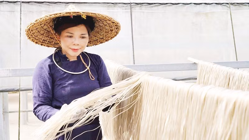 Chị Hoan kiểm tra miến phơi khô tự nhiên dưới nắng. 