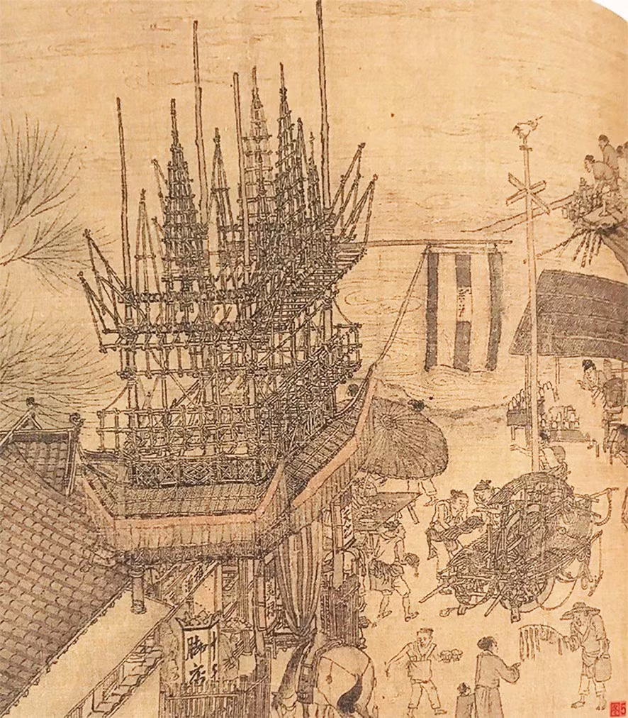Mô tả giàn giáo tre trong bức tranh "Thanh minh thượng hà đồ". Ảnh: WIKIPEDIA