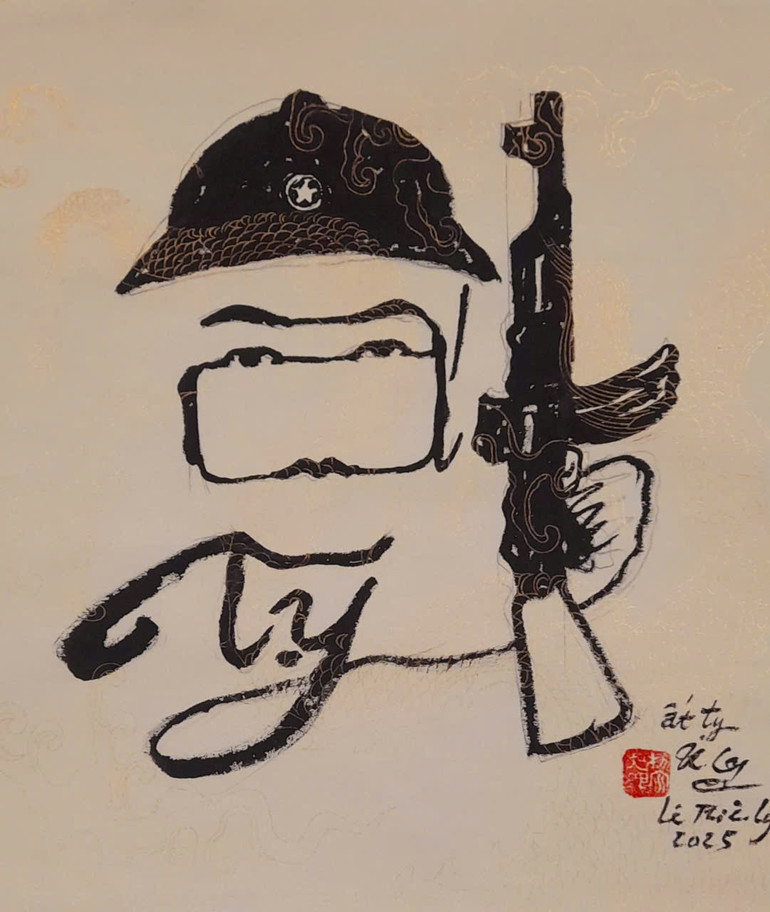 Thư pháp chữ Ất Tỵ hình bộ đội viết theo thể nhân diện thư.