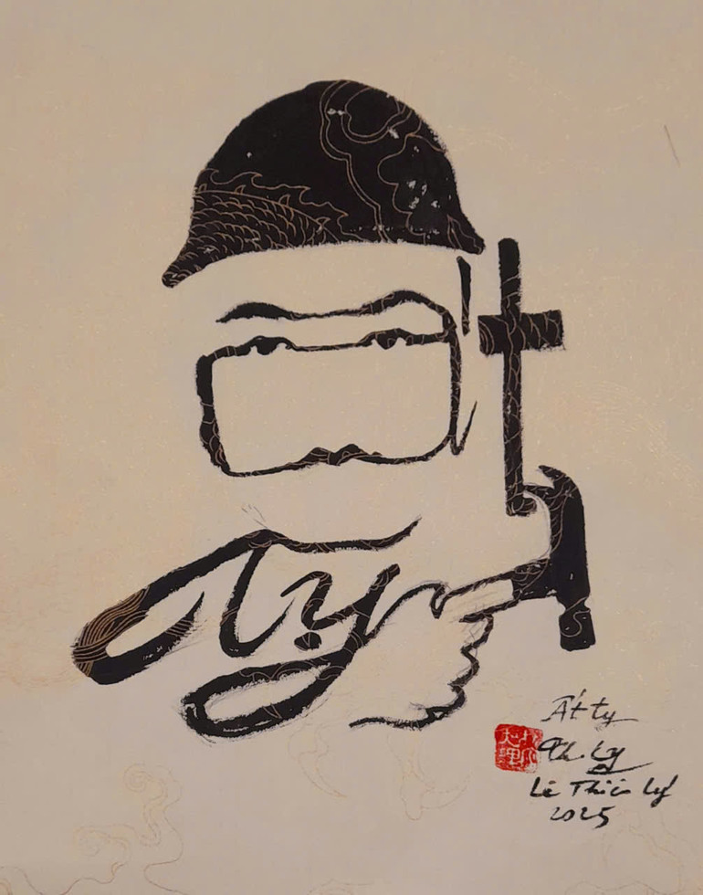 Thư pháp chữ Ất Tỵ hình công nhân viết theo thể nhân diện thư.